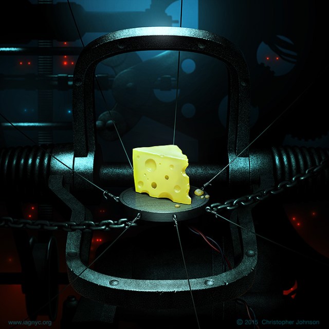 Illustration of a wedge of cheese set as bait in complicated trap-like machinery, with misty, shadowy sci-fi environment.