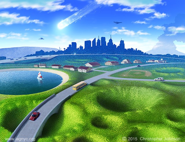Artwork depicting roads, houses, and towns built upon a landscape pockmarked with overgrown, grass-covered craters. In the distance there is a meteor streaking across the sky.