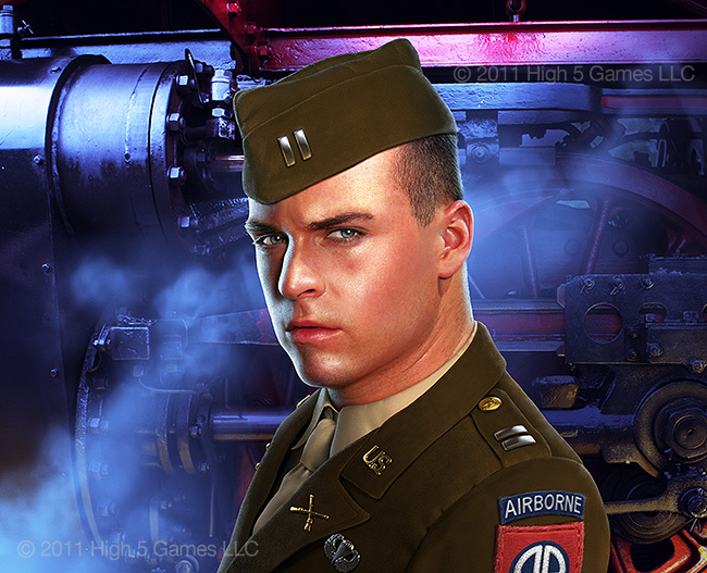 Illustration of a U.S. Army soldier, WWII era uniform, with steam locomotive detail background. Digital artwork by Christopher Johnson.