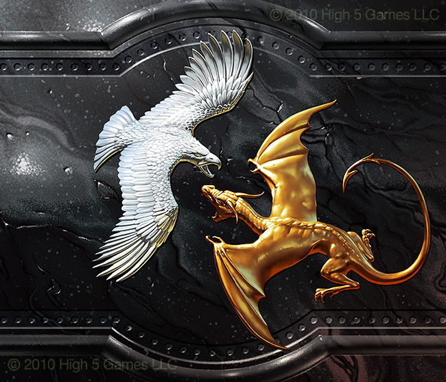 Art depicting wall relief, silver eagle battling gold dragon. Digital artwork by Christopher Johnson.