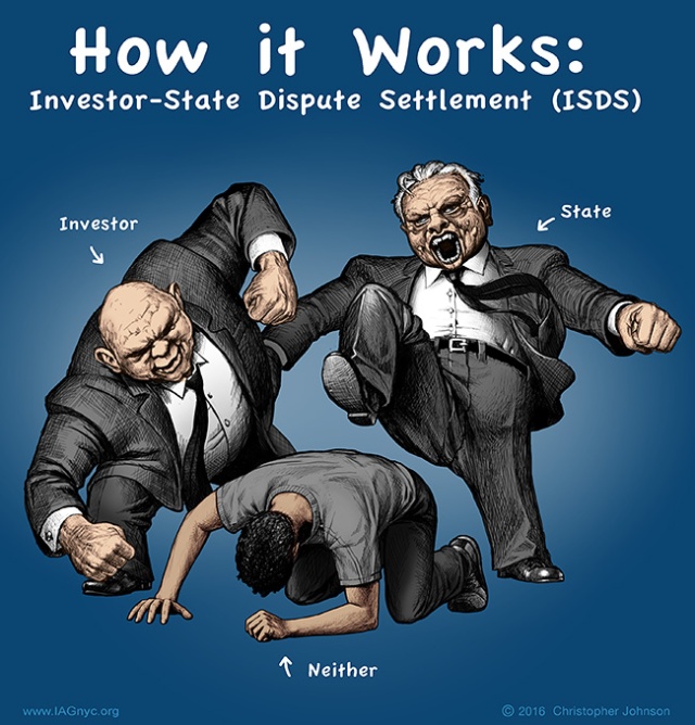Cartoon art. Headline text-- "How it Works: Investor-State Dispute Settlement (ISDS)