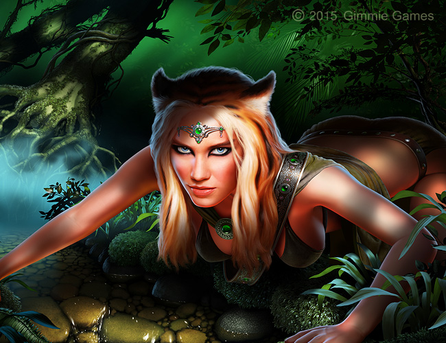 illustration of an attractive woman with tiger ears, fierce expression, fantasy attire; in a jungle environment