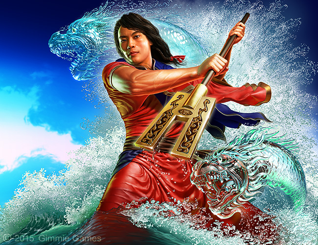 Fantasy art of Chinese Emperor Yu, fighting flood alongside water dragons.